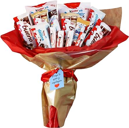 Onza. Regalo Original de Kinder Bueno. Ramo Dulce Relleno con un Surtido de Chocolatinas Kinder para Regalar por Cumpleaños, para Pareja. Lote de Kinder, Schokobons, Happy Hippo, Delice.