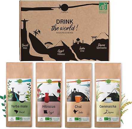 ORIGEENS CAJA INFUSIONES BIO “BEBIDAS DEL MUNDO” - Infusiones Variadas de flor de Jamaica, Yerba Mate, te Chai, té Verde, Genmaicha - Caja te Ecológico 4x80gr - Tea gift set