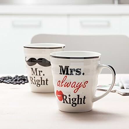 Out of the blue Set de Tazas de Ceramica, Mr Mrs Always Right, Blanco con Diseño, 2 Unidad (Paquete de 1), 2 Out of the blue Set de Tazas de Ceramica, Mr Mrs Always Right, Blanco con Diseño, 2 Unidad (Paquete de 1), 2