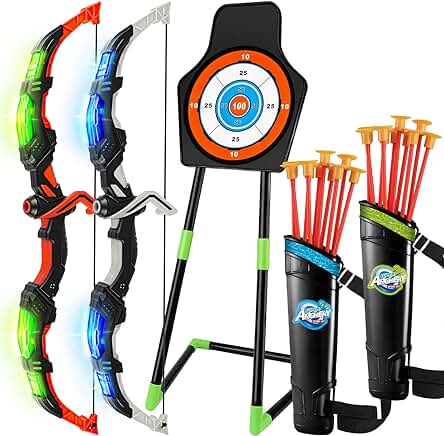Own1one Arco y Flecha para Niños con Luces LED, Juego de Tiro con Arco Incluye 2 Arcos, 20 Flechas de Ventosa, 2 en 1 Diana con Carcaj, Arco y Flecha de Juguete para Niños y Niñas
