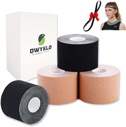 OWYELO Pack de 4 Kinesiotape, Cinta Kinesiológica Impermeable, Mobitape, Venda Neuromuscular Adhesiva, para Deportes y Medicina, Colores Mixtos, con una Banda Deportiva Antideslizante