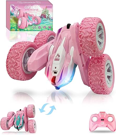 OYAKG Coche Teledirigido,4WD Unicornio Coche RC para Niños 3 4 5 6 7 8 9 10 Años,Rosa Coche Radiocontrol 2.4GHz con Bateria,Rotación 360° y Luz, Regalo para Niñas y Niños