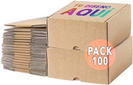 Pack 100 Cajas de Cartón Personalizadas – Logo, Dibujo, Frase Impreso en la Tapa - Fácil de Montar – La Mejor Forma de Enviar Productos o Presentar Regalos de Empresa, Navidad - 16x15x8,5cm Kraft