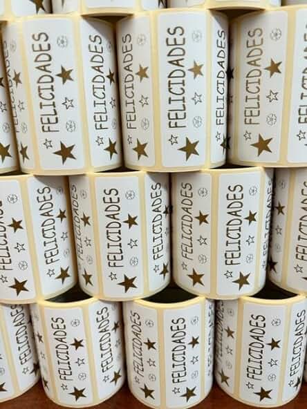 PACK 450 Etiquetas para Regalo 3 Rollos de 150 - FELICIDADES, DESEO QUE TE GUSTE, ESTE REGALO - 60 X 20MM Impresas en Dorado