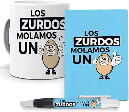 Pack Original y Personalizado para Regalo, con Expresiones y Frases Graciosas. Los Zurdos Molamos un Huevo. Libreta, Boligrafo y Taza Maxima Calidad.