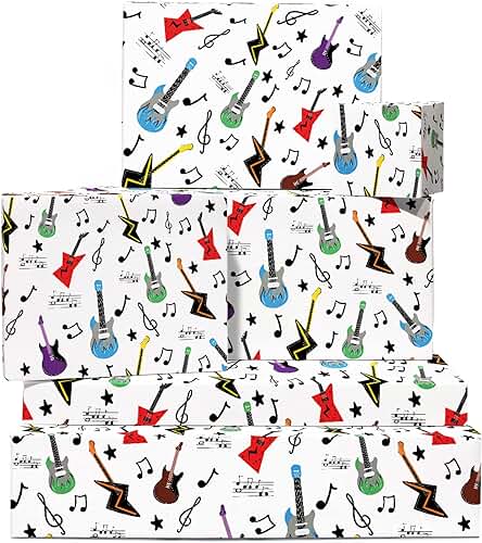 Papel de Regalo - Guitarra Musical - Papel de Regalo de Cumpleaños para Niño - (6x) Hojas de Regalo - Para Hombres y Mujeres Papel de Regalo - Viene con Pegatinas - Central 23