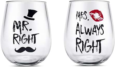 Pareja de Gafas, Mr Right Mrs Always Right Tazas de vaso de Vino, Regalos de Copas de vino para Pareja Aniversario,Regalos para Mujeres,Despedida de Soltera,Compromiso, Navidad Día de San Valentín