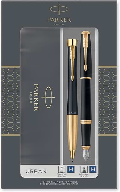 Parker Urban set de Regalo Doble con Bolígrafo y Pluma Estilográfica, Negro Tenue con Adorno Dorado, Cartucho y Recambio de Tinta Azul, Estuche de Regalo, Surtido de 2 Piezas