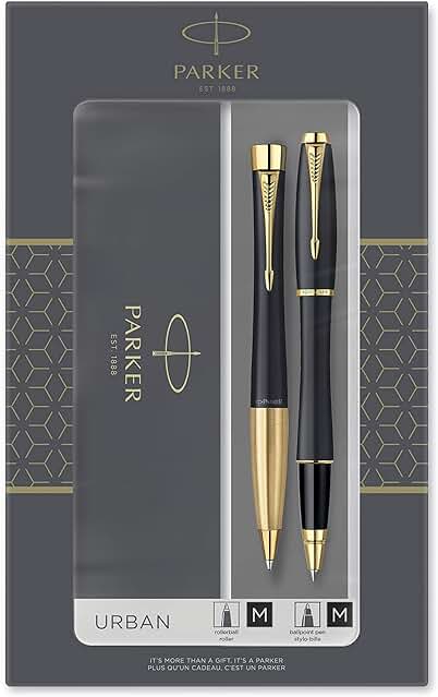 Parker Urban set de Regalo Doble con Bolígrafo y Rotulador Roller, Negro Tenue con Adorno Dorado, Cartucho y Recambio de Tinta Negra, Estuche de Regalo