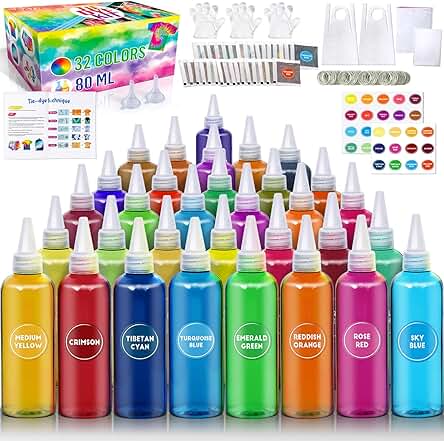 PATIFEED Tie Dye Kit para Niños y Adultos, 32 Colores 80ML Botellas Tela Tye Dye Kits, Artes y Oficios Tyedyedye Kit Regalos para Niñas y Niños Grandes Grupos Actividades Fiesta Artesanal