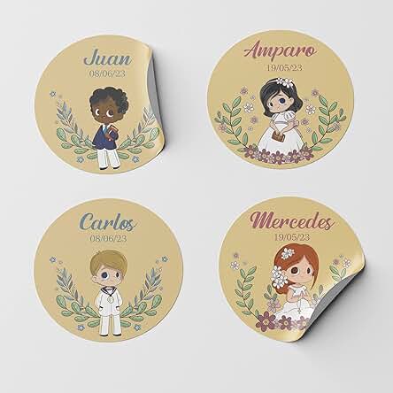 Pegatinas Comunion Personalizadas con Nombre y Fecha - Detalles Comunion para Invitados, Primera Comunión Niña y Niño - Etiquetas Adhesivas de 4/5 y 7cm - 34 Modelos a Elegir (4cm ø)