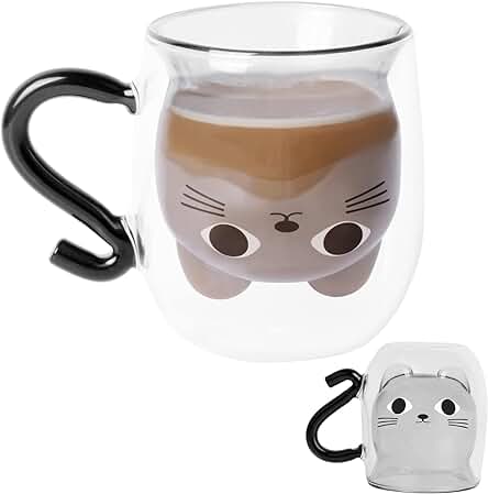 Pinsheng Tazas de Gato Lindo con Asa Lindo Animal Taza Gato Lindo de Las Tazas Doble Aislamiento Taza de Vidrio Transparente Taza de Café Té Leche para Los Amantes de Los Gatos de Regalo de Cumpleaños