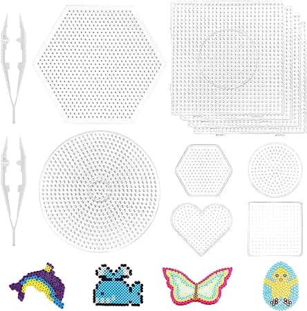 Planchas de Cuentas para Planchar, 10 Unidades de Placas de Perlas, Juego de Placas para Planchar, Plantillas Cuentas para Planchar en Muchas Formas, de Forma con 2 Pinzas Blancas