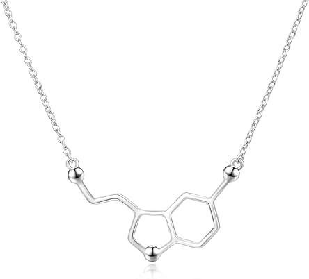 Plata de Ley Collar de Molécula de Serotonina Chapado en Oro Blanco, Felicidad Neurotransmisor Collar, Química Orgánica Joyería para los Amantes de Ciencia Regalos