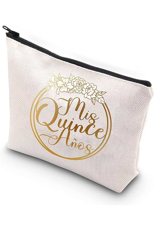 PLITI Bolsa de Maquillaje Cosmética de 15 Cumpleaños para Adolescentes Niñas Quinceañera Regalo Mis Quince Anos Latina Spanish Zipper Pouch, Mis Quince Anos Bagu