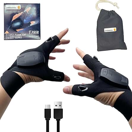 Polisemia , 2 Guantes con luz led Recargables USB y Bolsa Transporte Trabajo en Zonas Oscuras, Mecánicos, Electricistas,Camping, Pesca Nocturna, Running .Regalos para Hombre Originales