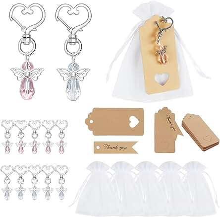 Pomeloone Llavero Ángel Colgante + Bolsas de Organza + Etiqueta Kraft, 2 Colores Boda Bautizo Colgante Llavero, Recuerdos para Bodas, Bautizos, Partido, Navidad