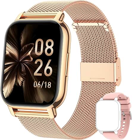 Popglory Reloj Inteligente Mujer con Llamadas y Asistente Voz, 1,85'' Smartwatch Mujer 2 Correas,Pulsera Actividad Presión Arterial Ritmo Cardíaco Oxígeno Sanguíneo, Regalo Mujer Hombre Android iOS