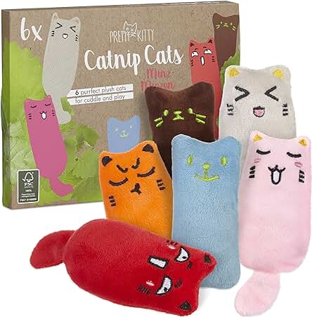 PRETTY KITTY Gatitos de Hierba Gatera: Kit de Juguetes de Primera Calidad para Gatos Compuesto por Seis Almohadillas Rellenas de Menta Gatuna Desecada – Juguete de Menta para Gatos