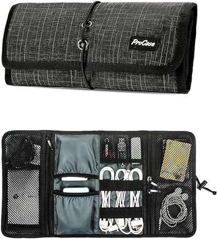 ProCase Bolsa Organizadora de Accesorios Electrónicos, Estuches de Transporte de Artilugios Pequeños Cargador Cables USB Tarjetas de Memoria SD Auriculares Disco Duro -Cuadros Negro