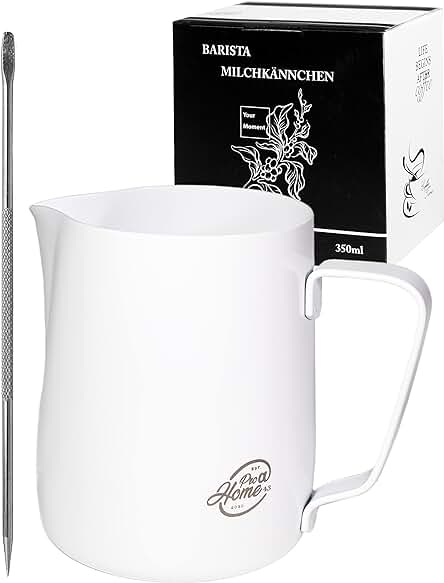Pro@Home43 Barista Jarra de Leche de Acero Inoxidable Blanca 350ml (también 600ml) con Bolígrafo Latte Art/jarra de Espuma de Leche en caja de Regalo Pro@Home43 Barista Jarra de Leche de Acero Inoxidable Blanca 350ml (también 600ml) con Bolígrafo Latte Art/jarra de Espuma de Leche en caja de Regalo