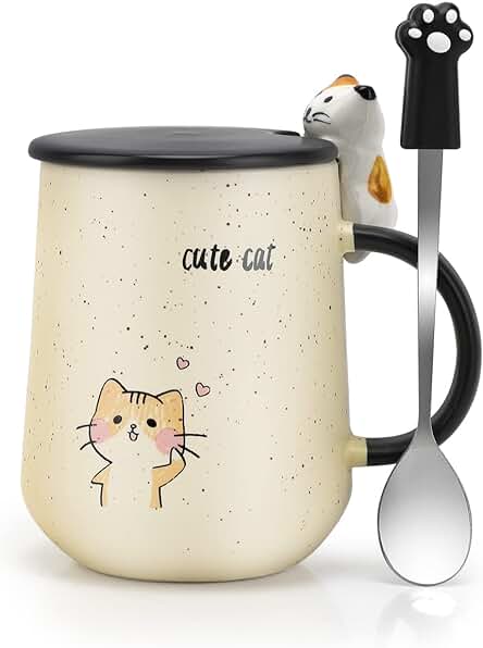 Punvot Hermoso Gato Taza de Cerámica, Taza del Dia de la Madre de Café de Cerámica con Tapa de Acero Inoxidable Cuchara Gato Tazas Reutilizable para té Leche Burbuja té Regalo del Dia de la Madre