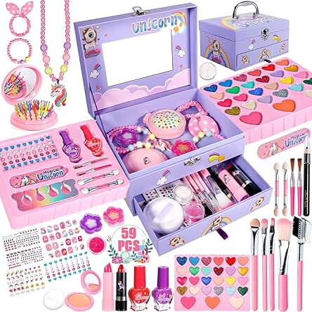 Purpledi Kit de Maquillaje Niñas- 59 PCS Lavable de Maquillaje, Juego de Maquillaje, Regalo de Princesa para Niñas, Juguete de Maquillajepara Cumpleaños 3 4 5 6 7 8 9 10 Años