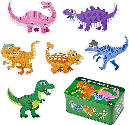 Puzzle de Madera, Comius Sharp 6 Pack Rompecabezas Puzzle Juguetes Bebes para Niños de 1 2 3 4 5 Años Montessori Educativos Regalos 3D Patrón Puzles con Caja de Rompecabezas de Metal (Dinosaur)