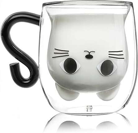 Qinhai Gato Taza, Tazas de Café de Cristal,Vasos de Doble Pared con Asa,Tazas de Té de Vidrio Borosilicato, Regalos para Cumpleaños, Día de la Madre, Navidad, San Valentín, para Mujer, Amigas, Maestra