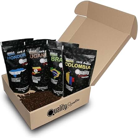 Quality Roasters Coffees. Café en Grano Natural. 100% Arábica. Cuatro Orígenes: Colombia, Brasil, Honduras y Uganda. (250 gr (paquete de 4), Tueste Medio)