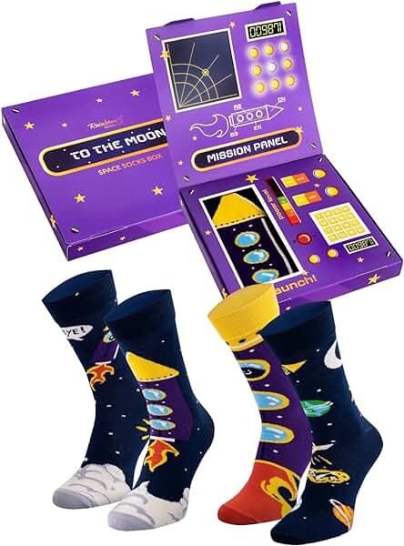Rainbow Socks – Space Socks Box - 2 Pares de Calcetines Espaciales de Algodón para Mujer y Hombre para Regalo - Astronomía, Estrellas, Planetas, Naves Espaciales, Cohetes, el Universo