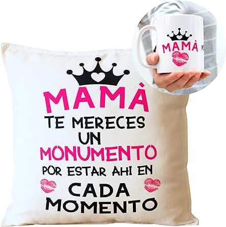 Regalo CUMPLEAÑOS MAMÁ Cojín Original 35 x 35 cm + Taza 350 ml Incluye Relleno Regalo para EL Dia DE Las Madres Desayuno Original Dia De La Madre (COJIN +Taza Mama TE MERECES)