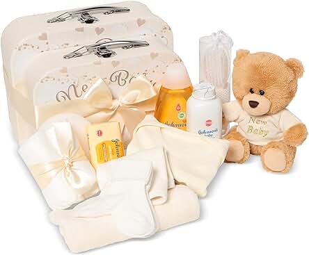 Regalo de Bebé Recién Nacido –- 2 x Cestas de Recién Nacido Crema Estilo Maletín con Osito, Cepillo, Esponja, Ropa y Otras Cosas de Bebé Esenciales – Cesta de Bebé para Baby Shower