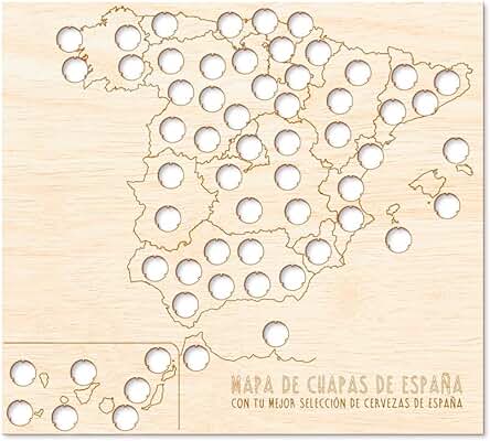 Regalo Original Mapa de Madera de Chapas de Cerveza de España para Viajes 45x55cm