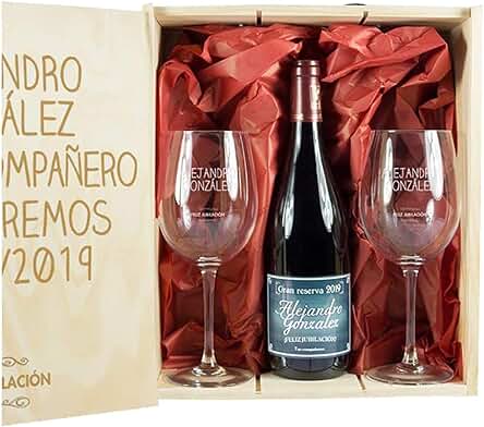 Regalo para Jubilación: Kit Personalizado con Botella de Vino + Copas de Vino en Caja de Madera