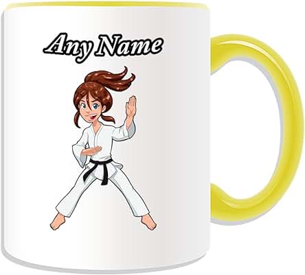 Regalo Personaliseitonline - Karate Girl taza (artes Marciales Diseño Tema, Colores) - Nombre/mensaje en su único Kung Fu - Kung Fu Japonés Japón Reino de Ryukyu Karateca Palm, Cerámica, Amarillo