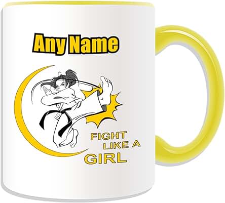 Regalo Personaliseitonline - Karate Lucha como una taza de la Muchacha (artes Marciales Diseño Tema, Colores) - Nombre/mensaje en su único Kung Fu - Kung Fu Japonés Japón Reino de Ryukyu Karateca, Cerámica, Amarillo