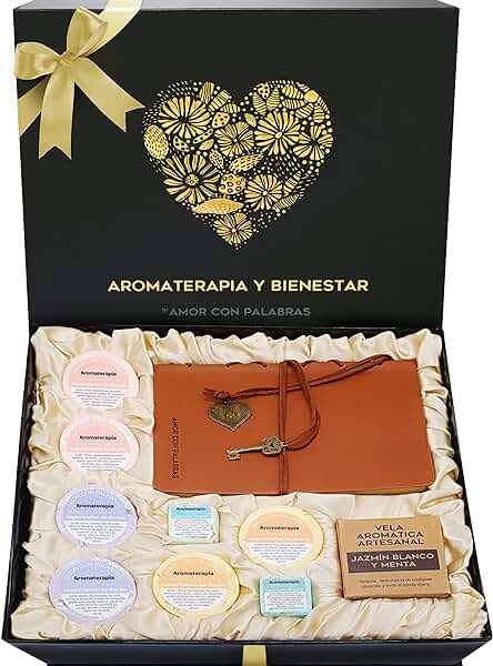 Regalos Originales para Mujer - Caja con 7 Tabletas Vaporizadoras de Aceites Esenciales, Vela Aromática Artesanal y Cuaderno de Autoreflexión.