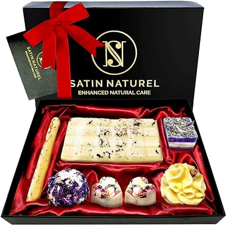 Regalos Originales para Mujer - Caja Regalo 7 Bombas de Baño - Regalo Cumpleaños Mujer - Antiestres & Orgánicas - Aceites Esenciales - Set Regalo Mujer - Regalos Originales para Hombre - Satin Naturel