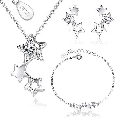 Regalos para Mujer, Conjunto Collar Plata Mujer y Pendientes Mujer Plata con Colgante Cristales, Joyas de Mujer de Plata S925 y Circonitas de Colores, Regalos Originales para Mujer (Estrellas)