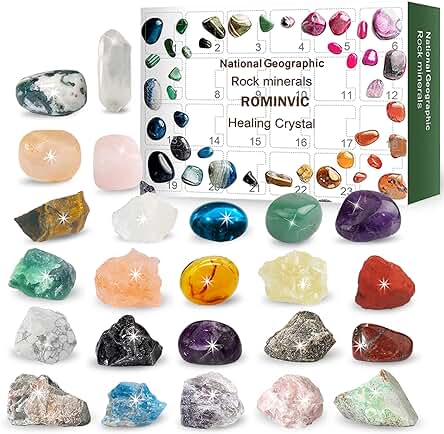 ROMINVIC Calendario de Adviento 2023, Minerales, Piedras Preciosas, Roca, Calendario de Adviento con 24 Piedras Preciosas para Apertura Diaria para Niños y Adultos, Regalo Científico para Niñas y