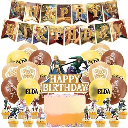 Ropniik Zel-da Leyenda Party Supplies, 32Pcs Zel-da Suministros Fiesta de Cumpleaños Incluyen Pancarta de Feliz Cumpleaños Globo Cake Toppers para Niño Cumpleaños Baby Shower Decoración