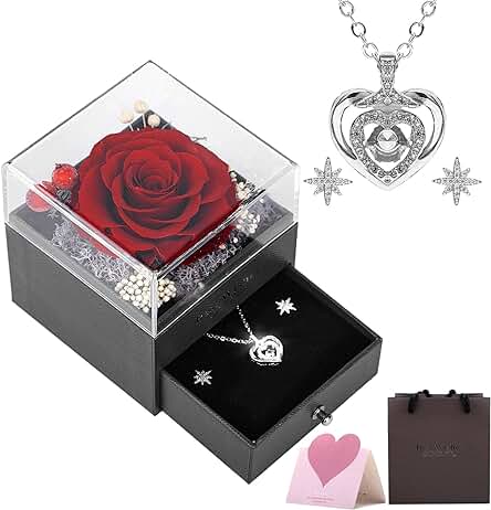 Rosa Eterna, Caja de Regalo Rosa con Collar y Pendientes, Rosa Preservada Regalo Mujer Madre, Regalos Originales para Novia Madre Aniversario San Valentin Dia de la Madre Navidad