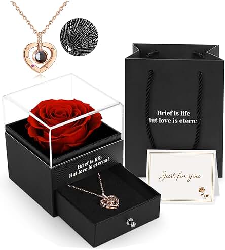 Rosa Real Preservada, Eterna Hecha a Mano, con Collar, Regalos Originales Románticos para Novia, Mujer, San Valentín, Aniversario, Día de la Madre, Bodas, Cumpleaños, Navidad.