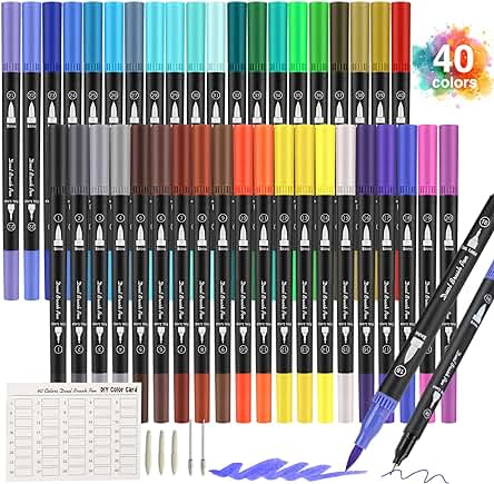 Rotuladores Lettering 40 Colores Rotuladores Punta Fina, Pincel Doble Punta, Rotuladores Acuarelables para Graffiti, Caligrafía, Dibujo, Lettering para Niños y Adultos (40)