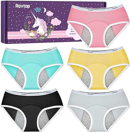 Rovtop 5 PCS Bragas Menstruales Niñas, Bragas Menstruales Mujer,Bragas Especiales a Prueba de Fugas para Niñas Bragas Cómodas y Suaves, Lavables, Negro/Gris/Cian/Amarillo/Rosa