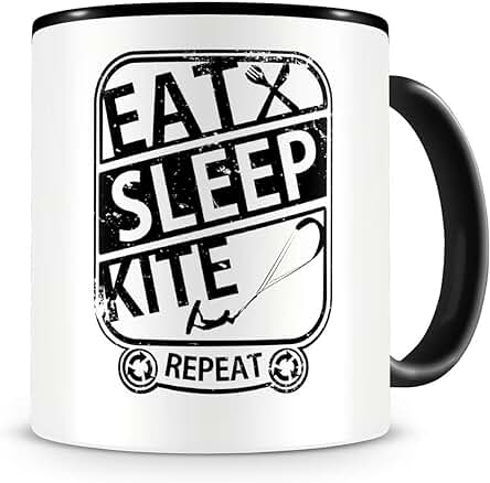 Samunshi® Kitesurf Taza con Texto "Eat Sleep kite Repeat", Regalo para Kitesurfer", taza de Café, taza Grande Divertida para Cumpleaños, Color Negro, 300 ml