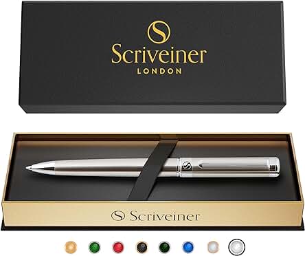 Scriveiner Bolígrafo de Bola de Acero Inoxidable - Impresionante Boli de Lujo con Acabado de Acero Inoxidable, Recarga Negra Schmidt - Set de Regalo para Mujer y Hombre, Profesional, Oficina, Estudiar