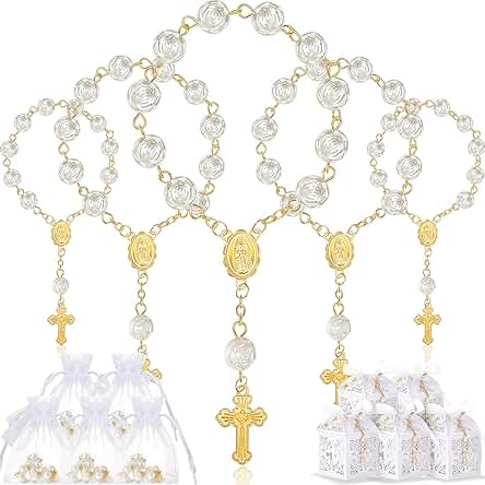 Set 50 Paquetes Favores de Bautismo Incluyen Cuentas de Rosario de Acrílico de Marfil con Perlas de Imitación Bolsas de Organza Blanca con Cordón Cajas Cruzadas con Cintas (Pulsera de Oro)