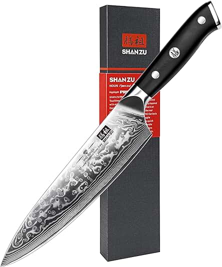 SHAN ZU Cuchillo de Cocina Damasco, 20cm Cuchillo Chef Japones de Acero Damasco de 67 Capas, Mango de Material G10, Cuchillo de Cocinero Profesional para Cortar Verdura, Fruta, Carne y Pescado